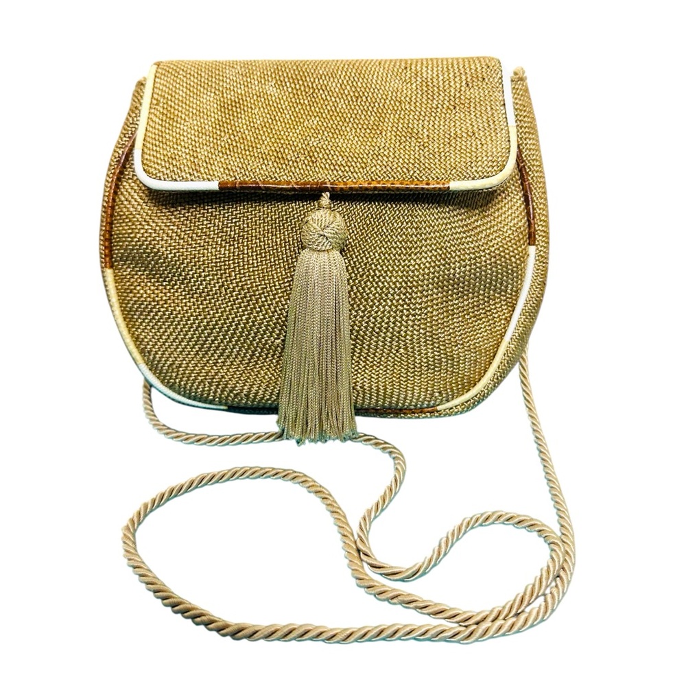 Vintage Gold Woven Crossbody Bag with Tassel